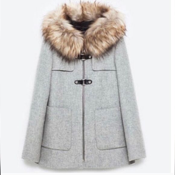 ZARA A-line Wool Duffle Coat jacket Gray detachable faux Fur Hood pockets size S - Picture 6 of 16